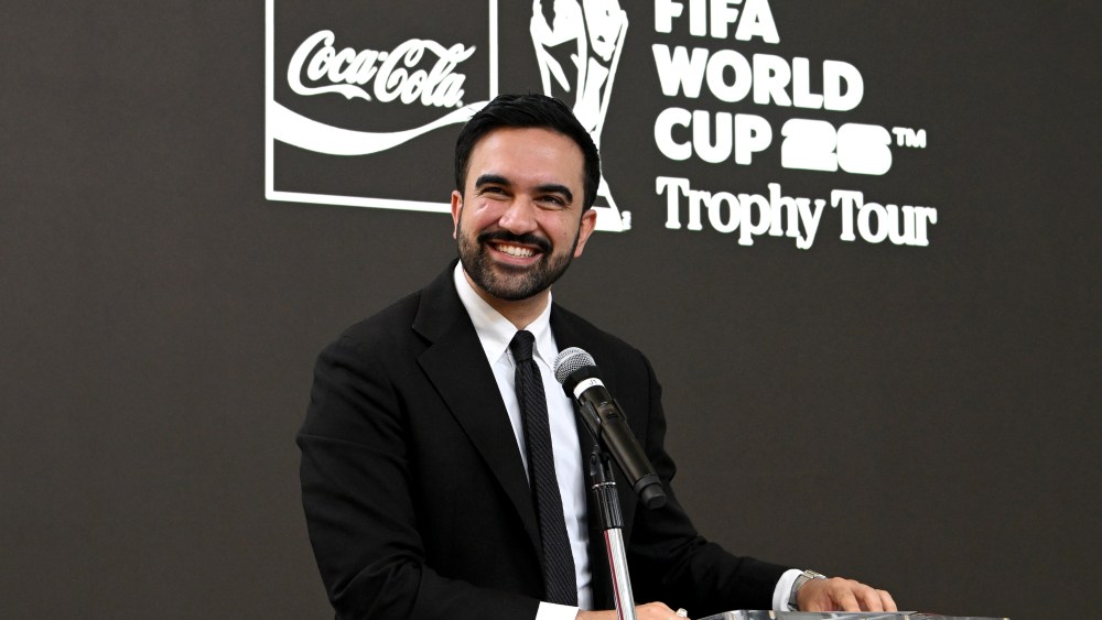 NEW YORK, NEW YORK - JUNE 02: New York City Mayor Zohran Mamdani speaks during the FIFA World Cup™ Trophy Tour by Coca-Cola at American Museum of Natural History on June 02, 2026 in New York City.  (Photo by Bryan Bedder/Getty Images for The Coca Cola Company)