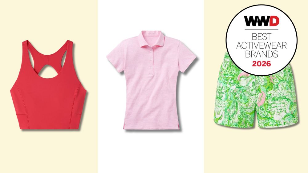 best activewear brands for women to shop online 2026; selection of sports bras, polo tees, and athletic shorts over tri-colored background