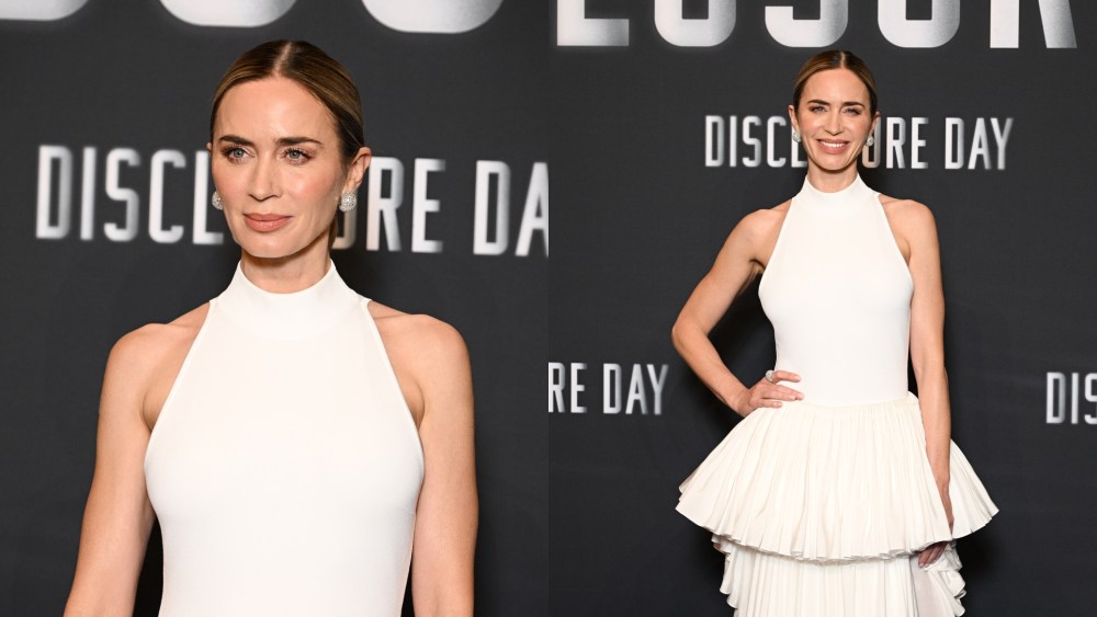 Emily Blunt attends the Paris premiere of "Disclosure Day" in a custom Alaïa dress on June 2 in Paris.