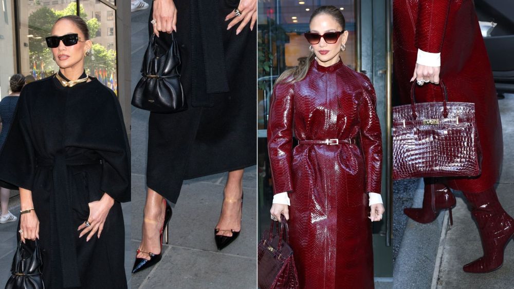 Jennifer Lopez in an all-black look with Hardot Bar Pumps and an all-bordeaux look in Femme LA croc-effect stiletto boots on Tuesday in New York City.