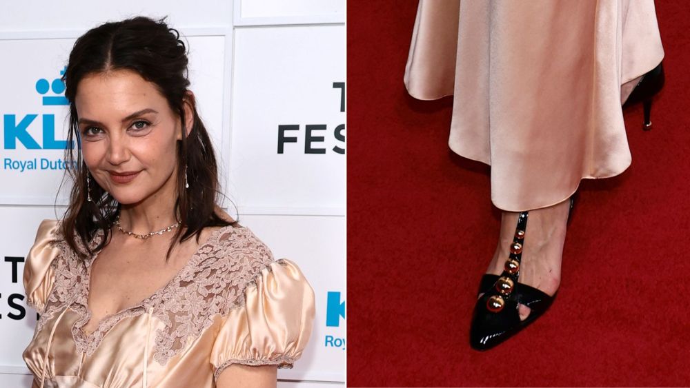 Katie Holmes wearing Chloé Cleia Heeled Sandals in black patent leather at the premiere of "Happy Hours" at the 2026 Tribeca Film Festival.