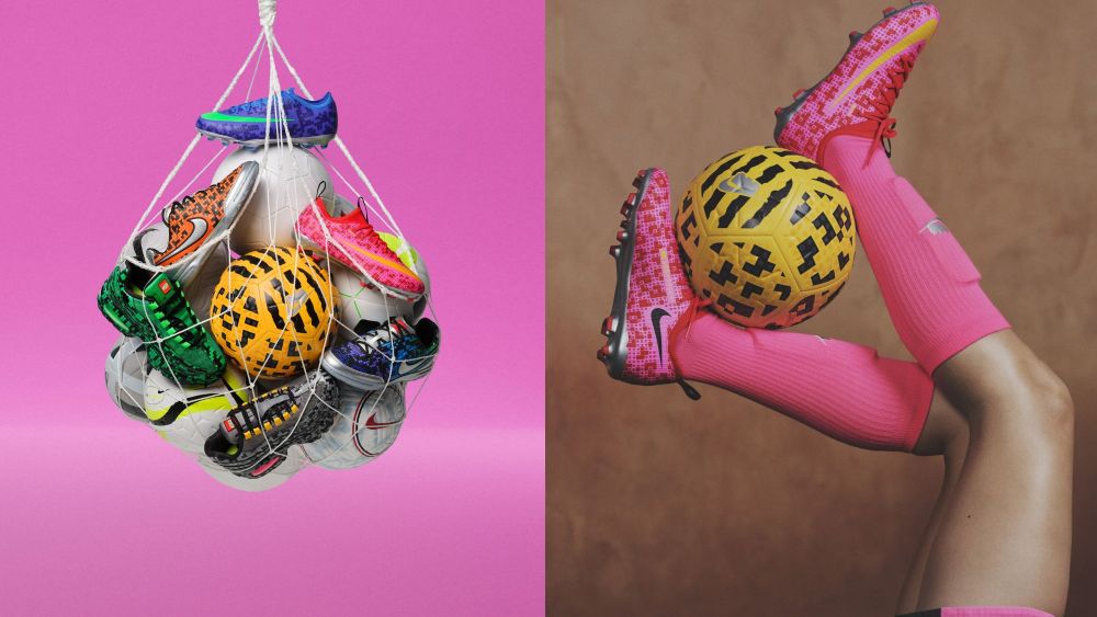a net filled with soccer balls and new nike x lego cleats and shoes for kids; young model wearing pink nike cleats while balancing ball between feet; shop nike football x lego online