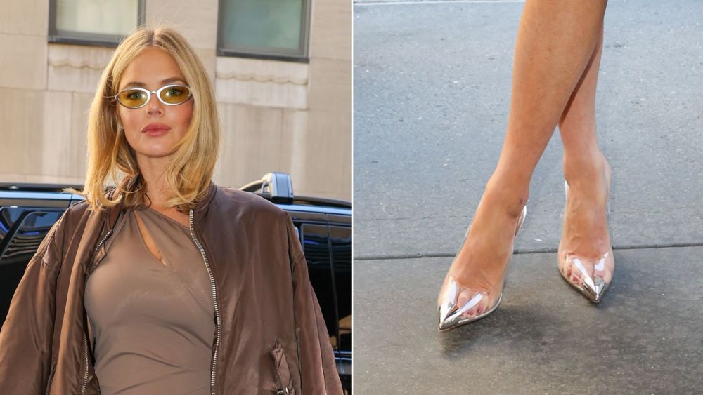 Samara Weaving wearing a pair of Gianvito Rossi Plexi cap-toe slingbacks in New York City on Monday.